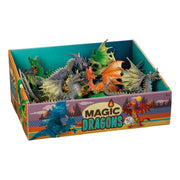 The Toysmith Magic Dragon Assorted display box by Toysmith holds colorful fantasy dragon figures with unique wings, tails, and bodies. The box showcases vibrant dragon art and a scenic backdrop, ideal for imaginative play.