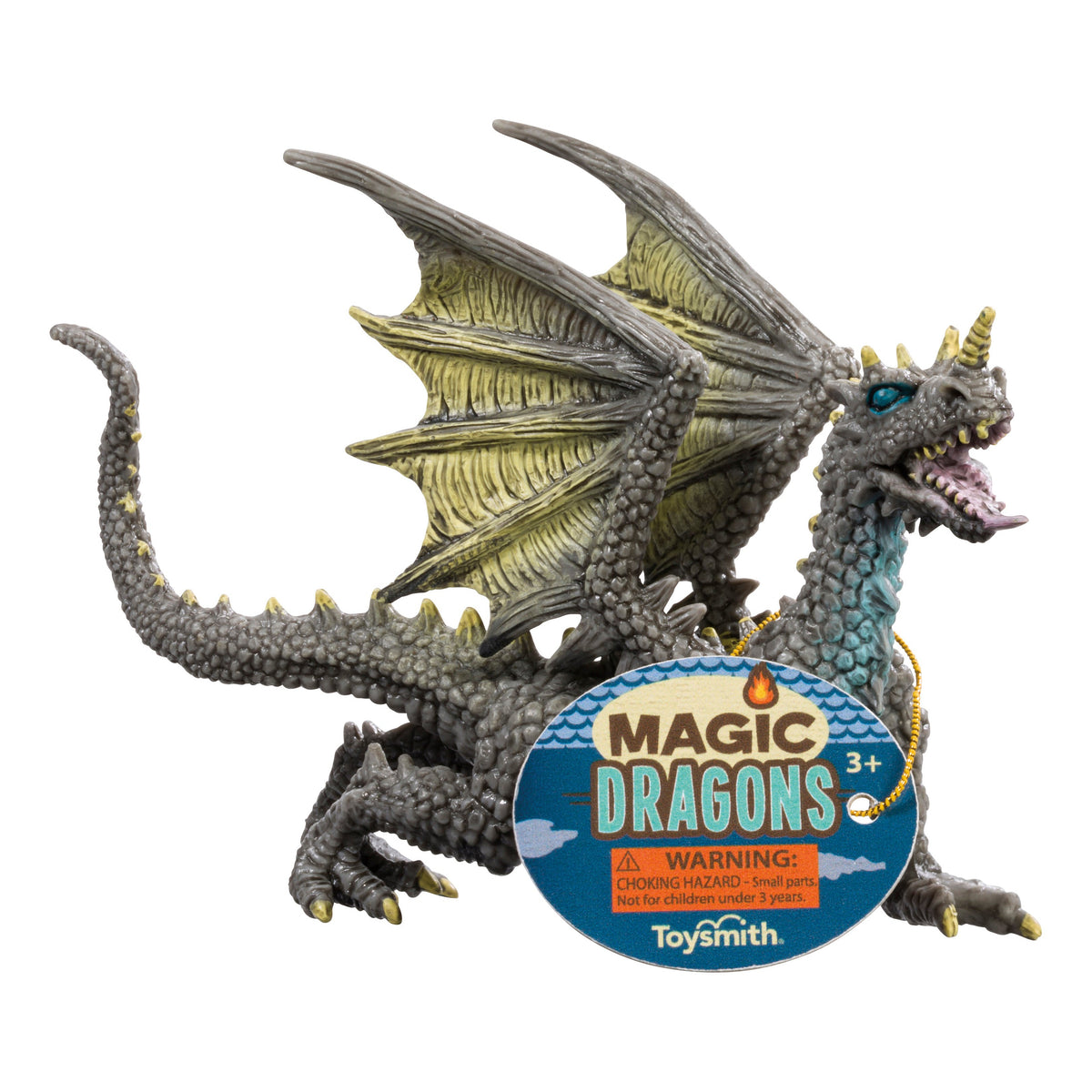 The Toysmith Magic Dragon Assorted is a detailed dragon figure with gray scales and yellow-green wings, perfect for imaginative play. Includes a Toysmith warning label for ages 3 and up.