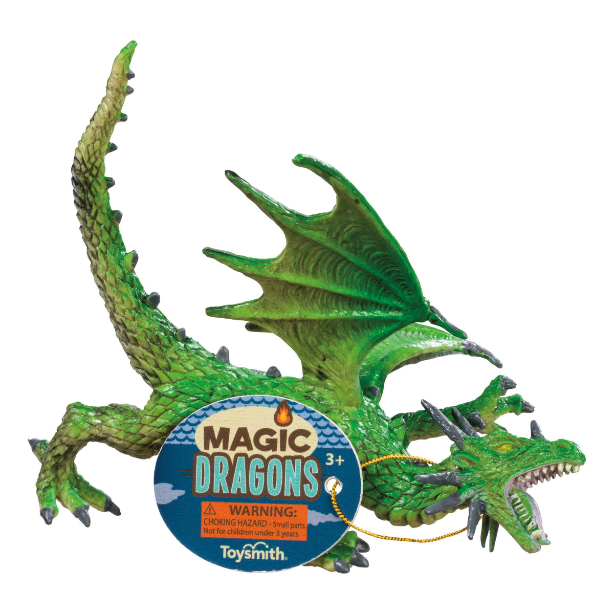 The Toysmith Magic Dragon Assorted features a green, spiky fantasy dragon with wings outstretched and mouth open, plus a round Magic Dragons tag and small parts warning—perfect for imaginative play. Brand: Toysmith.