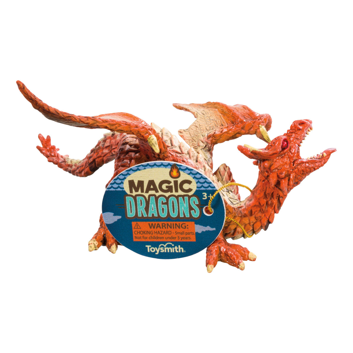 A fantasy toy dragon by Toysmith, featuring detailed scales, wings, and an open mouth. The neck tag reads "Toysmith Magic Dragon Assorted" and includes a small parts warning—great for imaginative play.