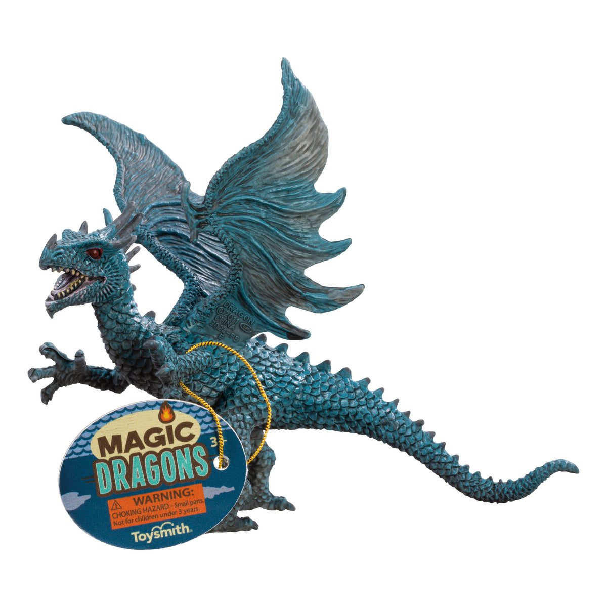 A blue, textured Toysmith Magic Dragon Assorted toy with spread wings and open mouth, featuring a "Magic Dragons by Toysmith" tag—ideal for imaginative play. Warning: Choking hazard.