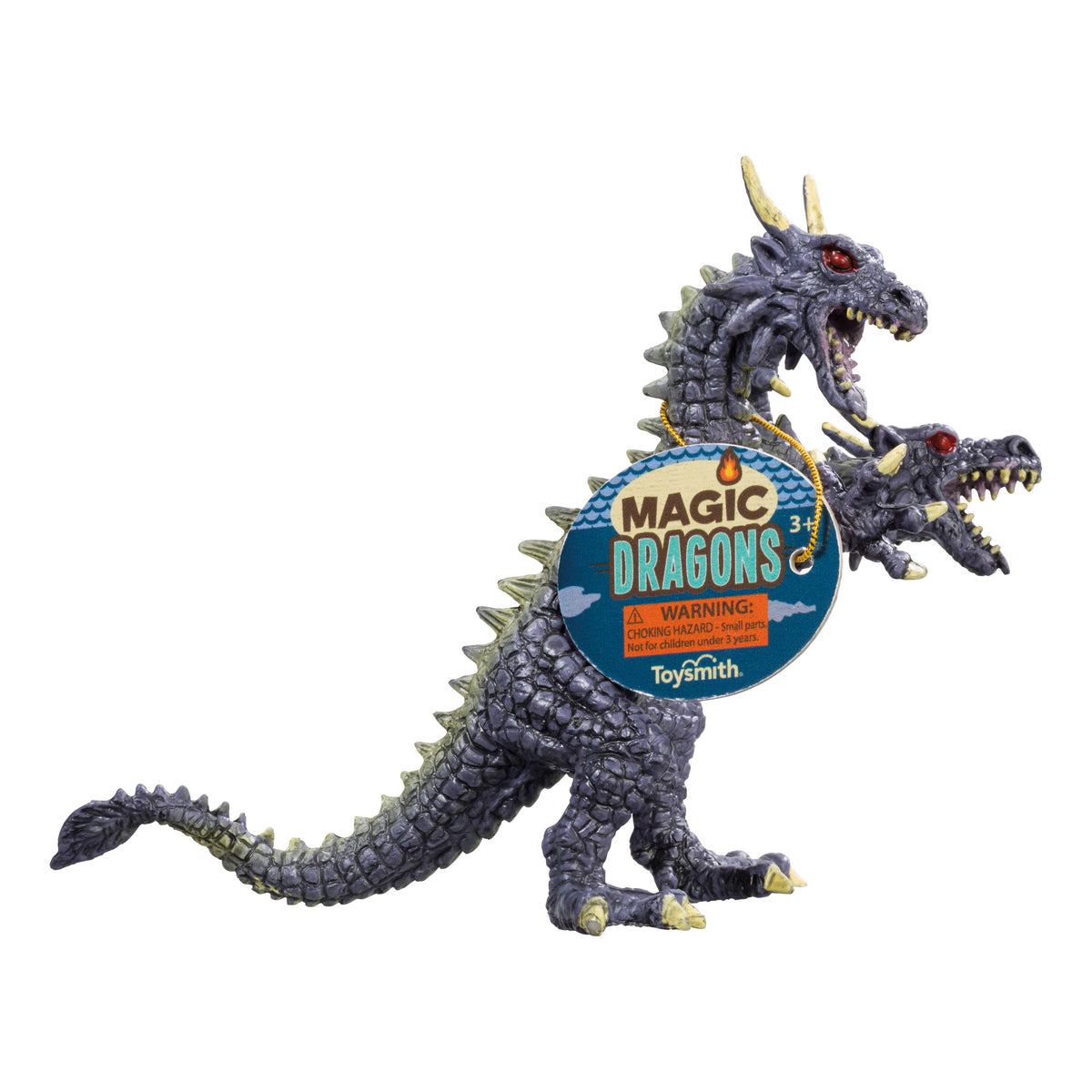 The Toysmith Magic Dragon Assorted features a two-headed, purple dragon toy with red eyes and spikes, ideal for imaginative play. It has a round neck label reading "Magic Dragons" with a warning and the Toysmith brand at the tag’s bottom.