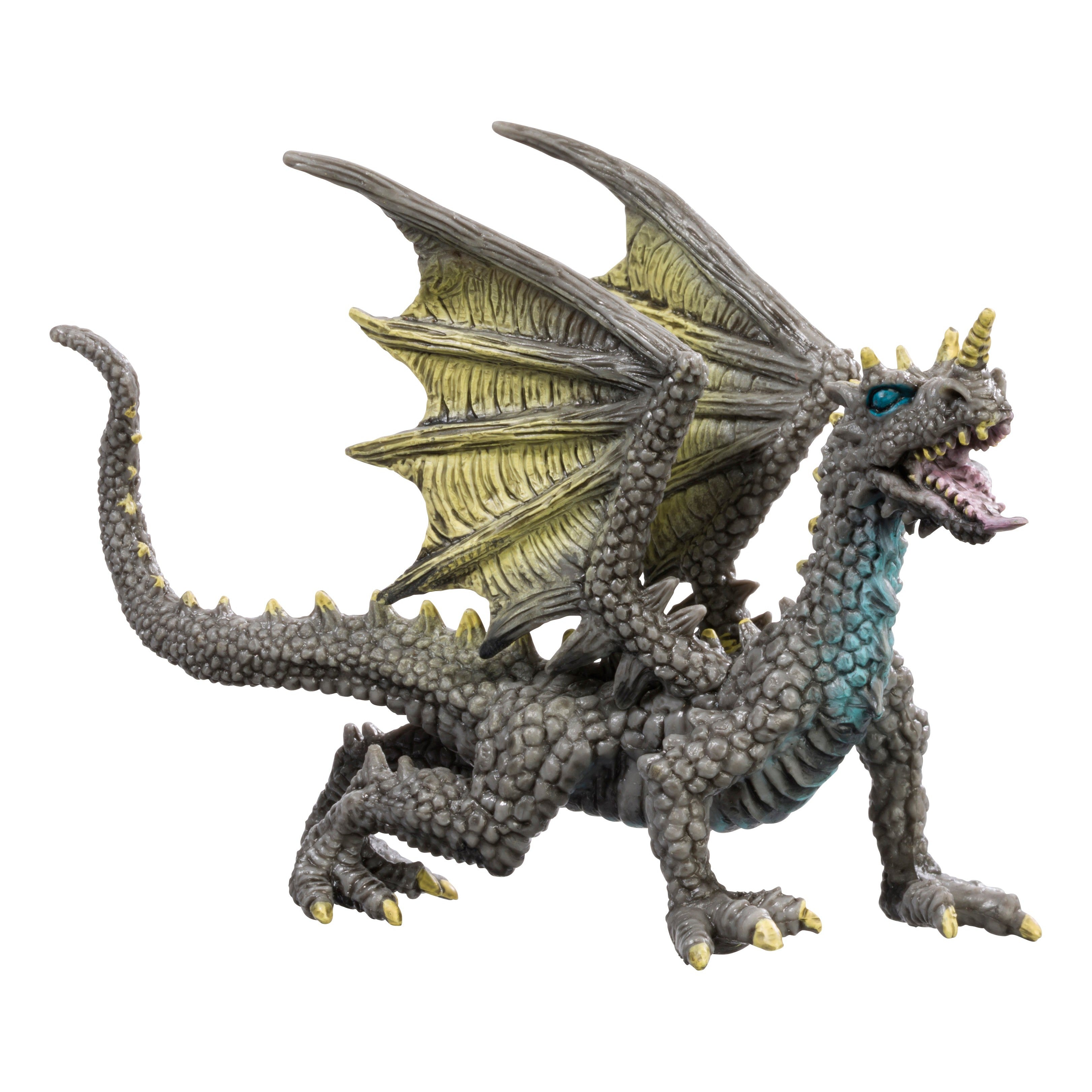 The Toysmith Magic Dragon Assorted by Toysmith features textured gray scales, yellow claws and horn, blue neck accents, and large wings with yellow membranes—ideal for imaginative play or as a striking fantasy toy.