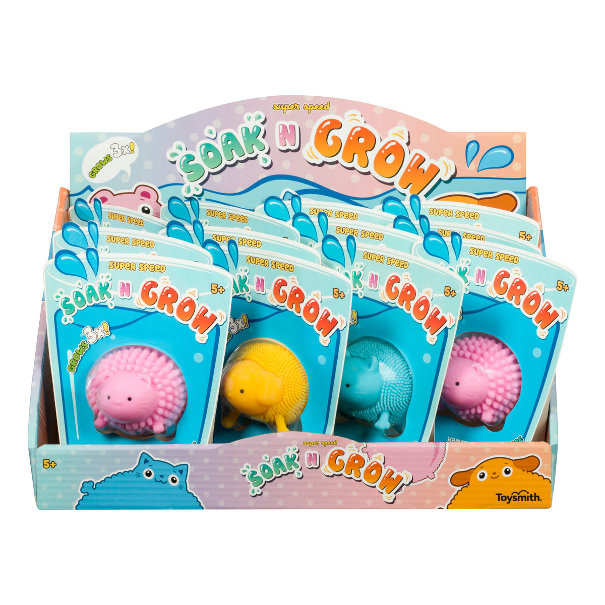 Display box of Toysmith Pet Shop Soak And Grow, featuring blue, pink, and yellow hedgehog water-activated grow toys in individual packages, designed for children ages 5 and up.