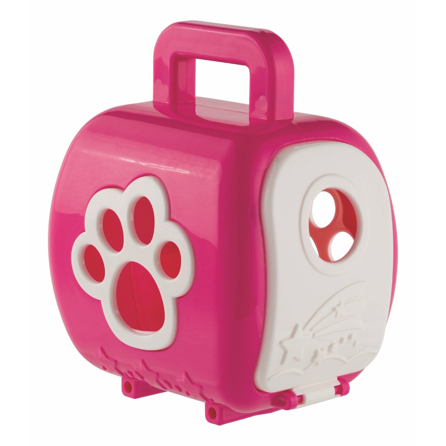 Pink and white toy carrier with paw design on a white background