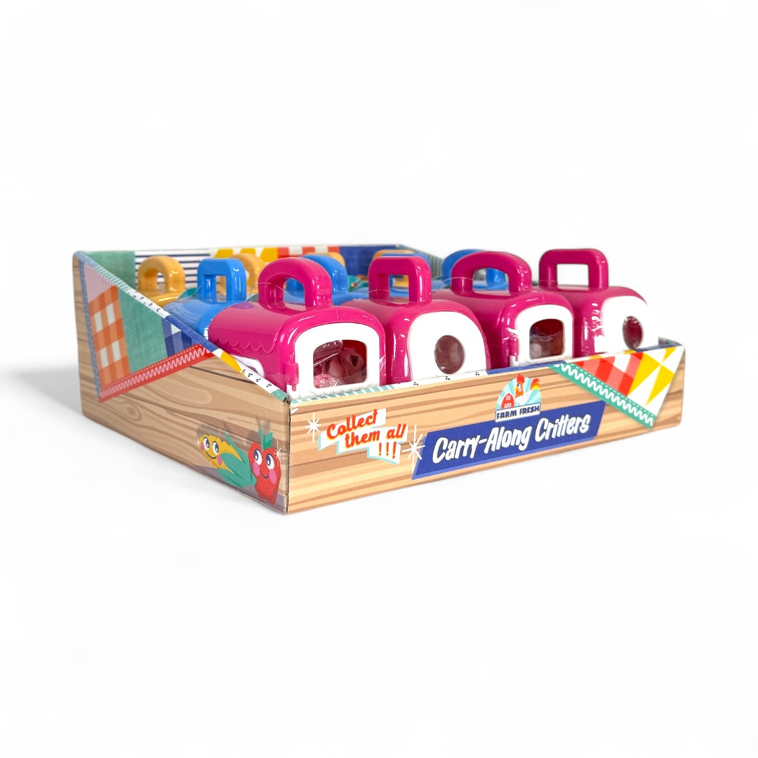 A display box features Farm Fresh Carry-Along Critters by Farm Fresh—colorful cases with pink, blue, orange, and yellow handles—for kids to collect and carry mini pet figurines or other small collectibles.