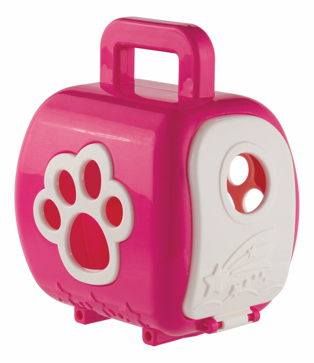 The Farm Fresh Carry-Along Critters by Farm Fresh is a small pink and white plastic case with a handle, large paw print on the side, and a circular window—ideal for carrying mini pet figurines and collectible toys.