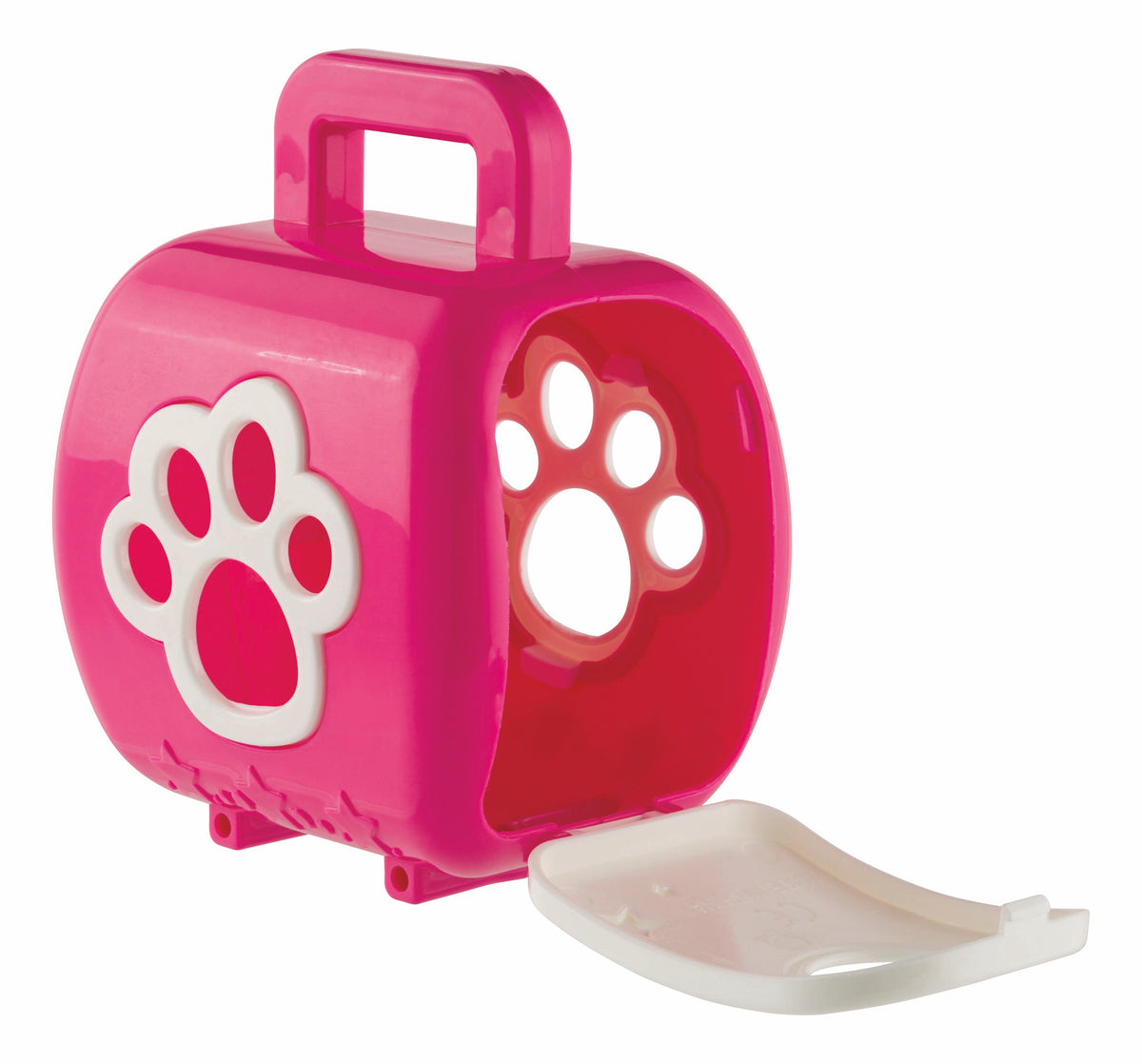 The Farm Fresh Carry-Along Critters by Farm Fresh is a small pink plastic pet carrier toy with a white paw print and open white door, perfect for holding mini pet figurines or as a cute carrying case for collectibles.