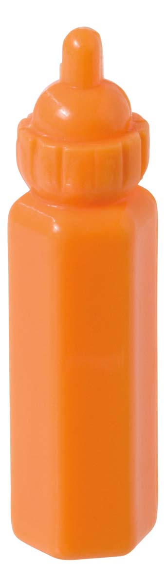 The Farm Fresh Carry-Along Critters by Farm Fresh is a small, orange, plastic bottle with a ridged cap and pointed nozzle that can also double as a playful case for collectible toys or mini pet figurines.