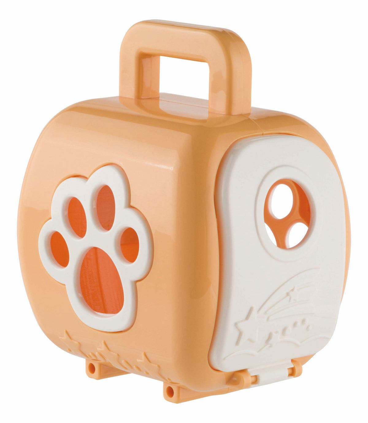 The Farm Fresh Carry-Along Critters case by Farm Fresh is a small orange plastic carrier with a white door, handle, paw print, and star accents—ideal for mini pet figurines or collectible toys.