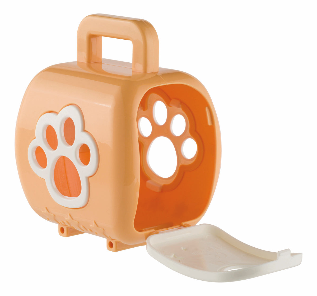 The Farm Fresh Carry-Along Critters by Farm Fresh is an orange plastic pet carrier toy with a top handle, large white paw print on the side, and open white front door—ideal for mini pet figurines or collectible toys.