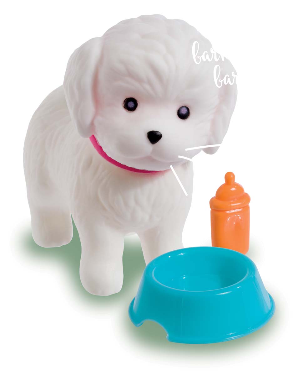 The Farm Fresh Carry-Along Critters by Farm Fresh features a white toy puppy with a pink collar, blue dog bowl, and orange bottle—an adorable collectible for mini pet figurine fans. Black eyes and nose stand out against the clean white background.