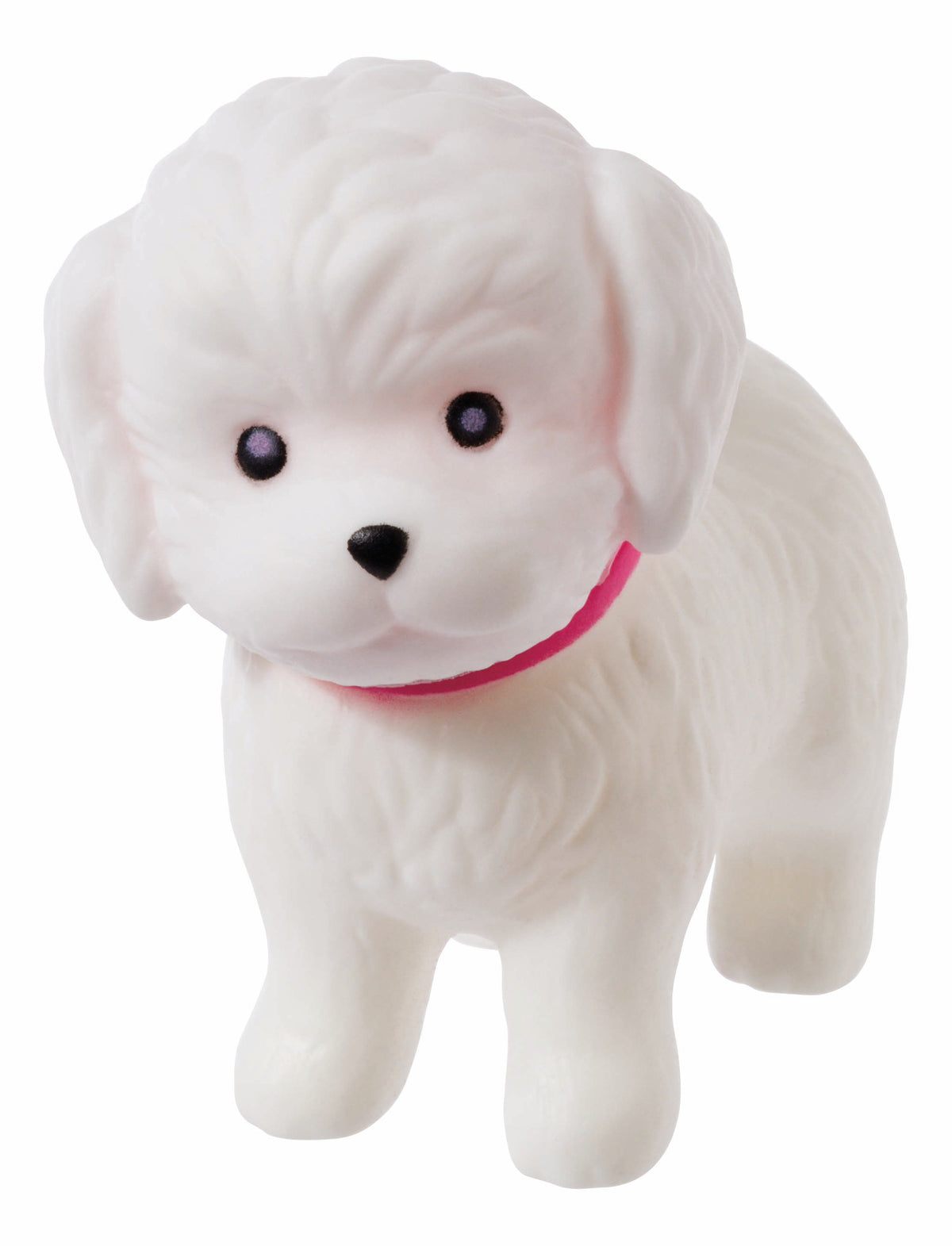 Farm Fresh Carry-Along Critters by Farm Fresh features a small, white, fluffy toy dog with a pink collar, black eyes, and a black nose—ideal for fans of collectible toys and mini pet figurines.