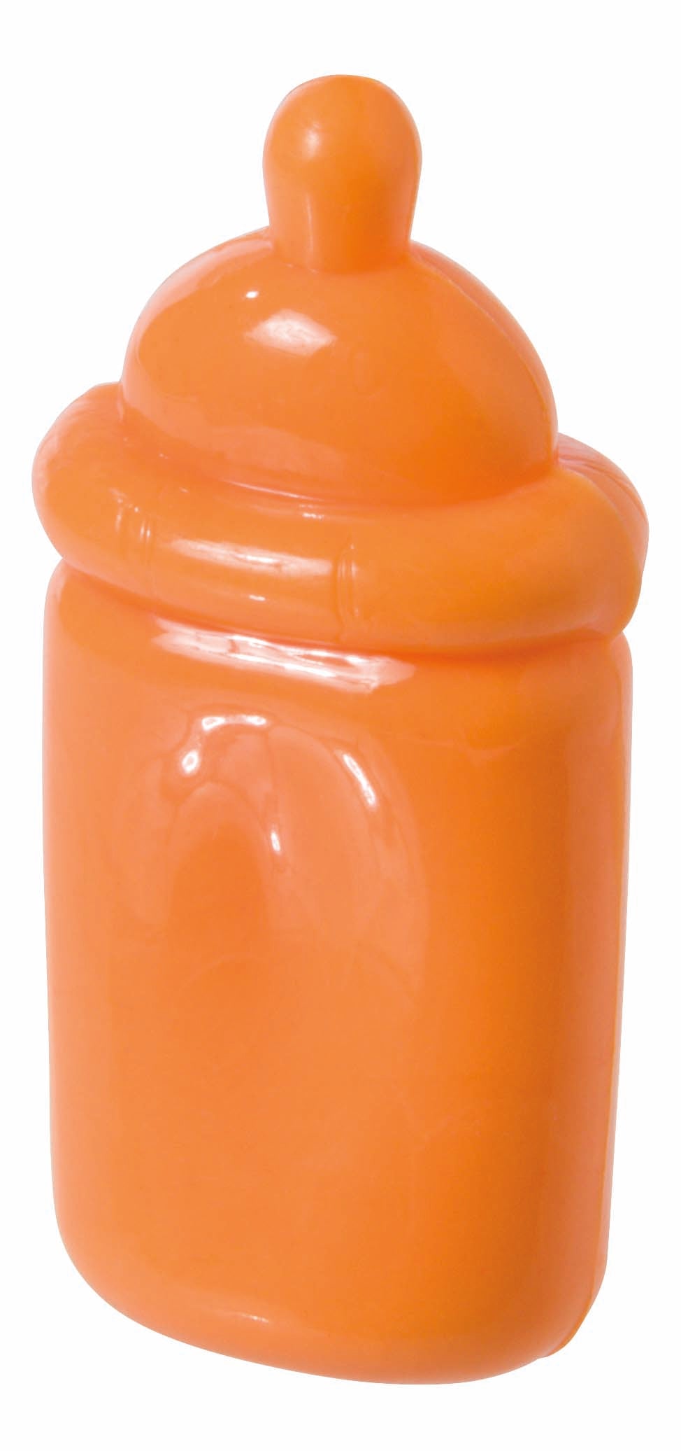 The Farm Fresh Carry-Along Critters by Farm Fresh is an orange plastic baby bottle toy with a rounded top and smooth surface, ideal for collectibles or mini pet figurines, displayed upright on a white background.