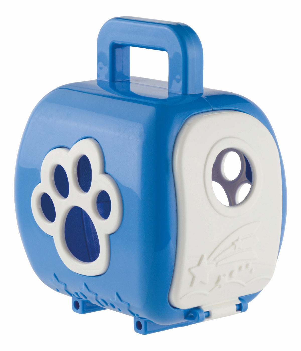 The Farm Fresh Carry-Along Critters by Farm Fresh is a small blue and white plastic case with a handle, big paw print, and round window—ideal for keeping mini pet figurines or collectible toys secure and organized.