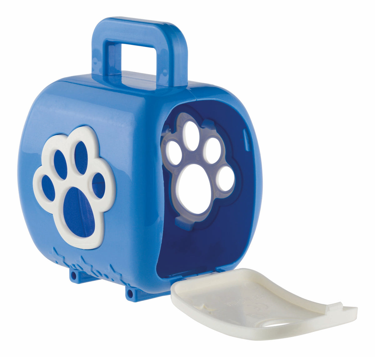 The Farm Fresh Carry-Along Critters case by Farm Fresh is a blue plastic case with a white handle and paw print window, ideal for storing mini pet figures. The front door opens fully and lies flat for easy access.