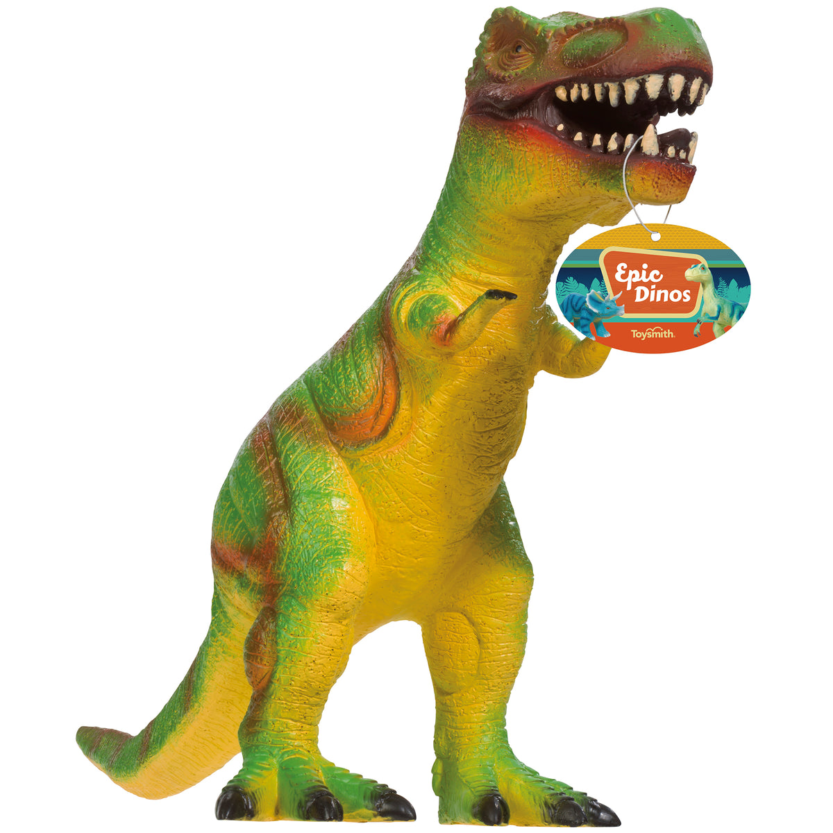 The Toysmith Epic Dinos Tyrannosaurus rex figure, featuring vibrant green and yellow coloring and an upright pose with its mouth open while holding a round Epic Dinos tag in its small claw, is a perfect addition to your dinosaur collection for imaginative play.