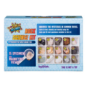 The Toy Science Rock Science Kit by Toy Science features 15 labeled rocks and minerals, a magnifying viewer, and instructions to test, classify, and identify specimens. The kit comes in blue-and-white packaging with colorful accents.