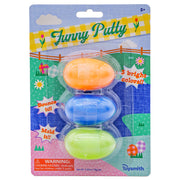 The Toysmith Funny Putty 3 pack includes three egg-shaped containers (orange, blue, green), promotes hands-on fun with "Bounce it!" and "Mold it!", features “3 bright colors!”, and carries a small parts warning.