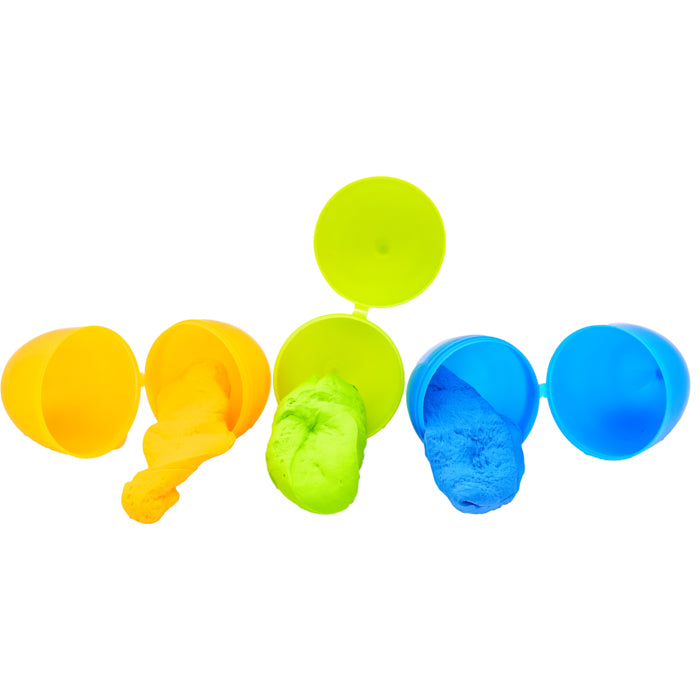 Toysmith Funny Putty 3 pack features yellow, green, and blue plastic eggs filled with matching colored putty or slime, partially spilling out on a white background—perfect for hands-on fun with this classic toy.