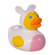 The Toysmith Bunny Duck by Toysmith is a rubber ducky dressed in a white bunny costume with blue eyes, an orange beak, yellow wings, and a pink oval front—ideal for making bath time extra fun. Shown against a white background.