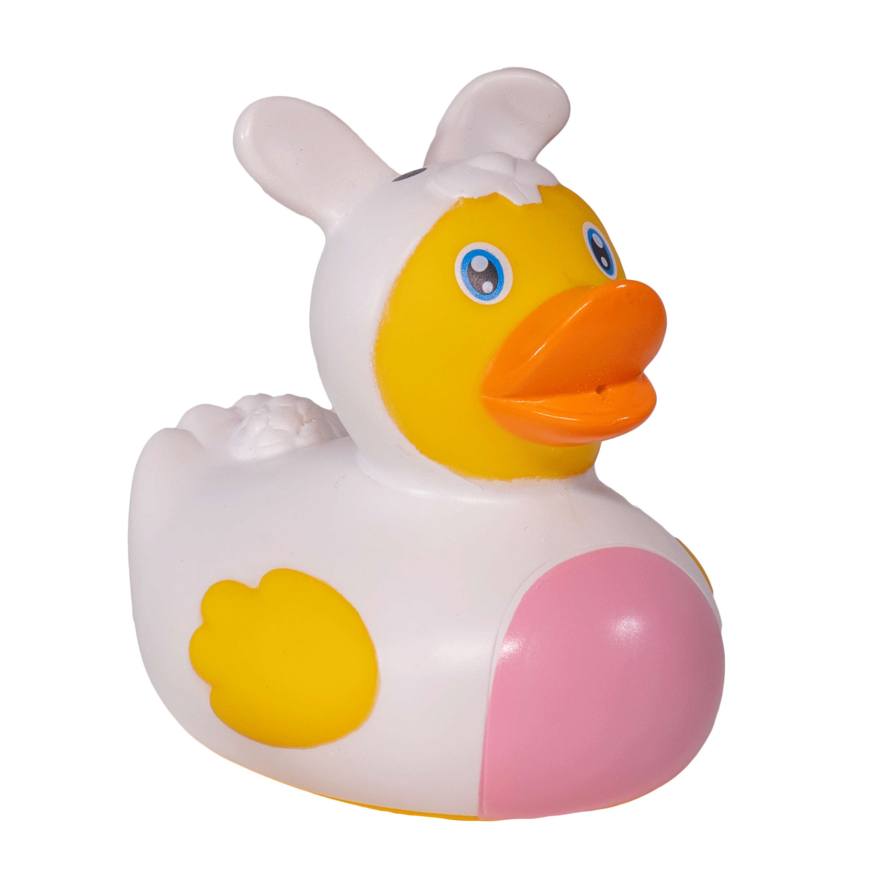The Toysmith Bunny Duck by Toysmith is a rubber ducky dressed in a white bunny costume with blue eyes, an orange beak, yellow wings, and a pink oval front—ideal for making bath time extra fun. Shown against a white background.