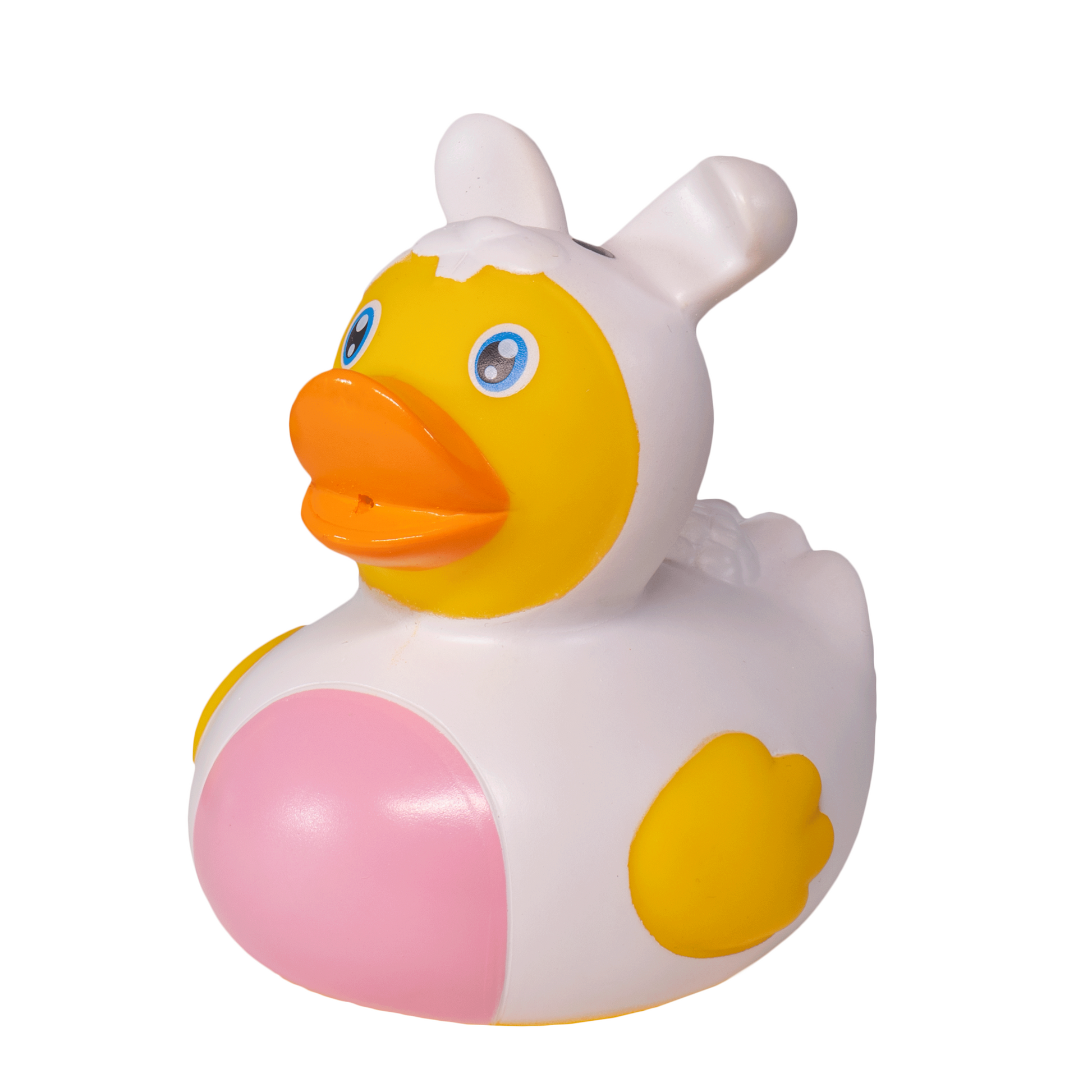 The Toysmith Bunny Duck by Toysmith is a yellow rubber duck with blue eyes, an orange beak, and wings, dressed in a white bunny costume with ears and a big pink circle, perfect for making bath time extra fun.