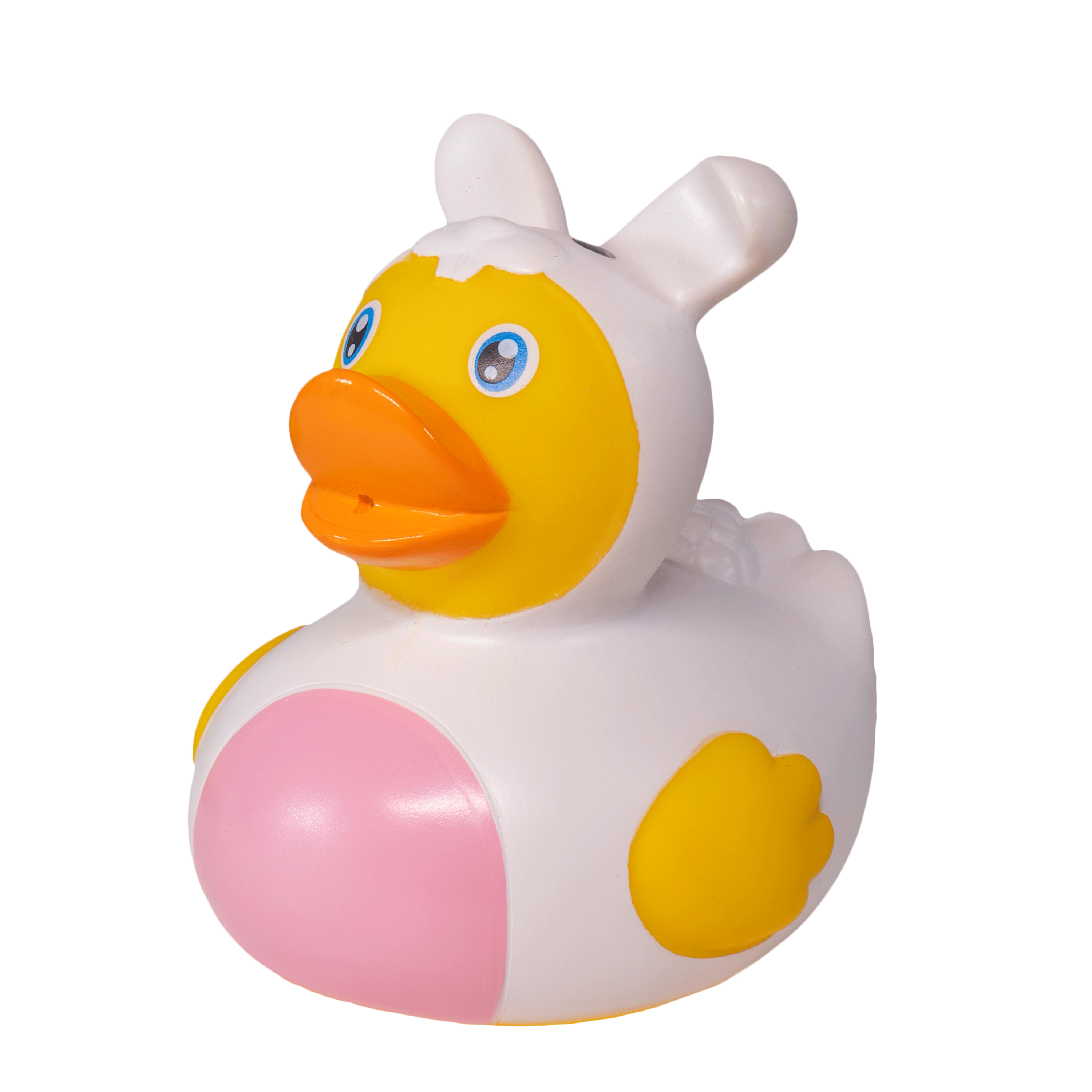 The Toysmith Bunny Duck by Toysmith is a yellow rubber duck with blue eyes, an orange beak, and wings, dressed in a white bunny costume with ears and a big pink circle, perfect for making bath time extra fun.