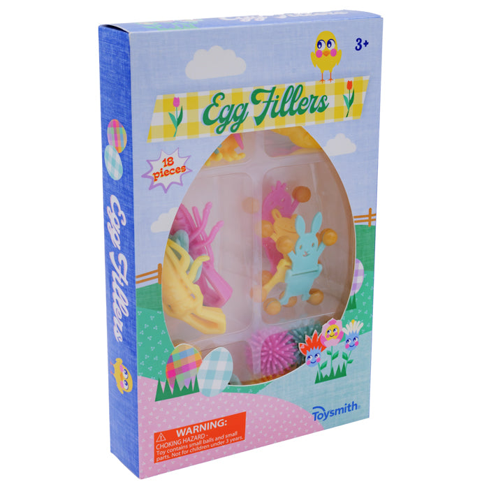 Toysmith Easter Egg Fillers includes 18 mini animal and egg-shaped toys in plastic eggs, packaged in a colorful box with flowers, cartoon chicks, and Easter egg designs. Perfect for kids ages 3+.