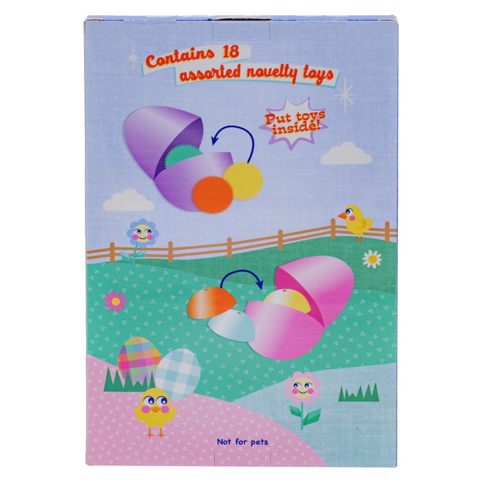 A colorful Toysmith Easter Egg Fillers box shows pastel eggs with mini toys, cartoon chicks, flowers, and a fence. Text says "Contains 18 assorted novelty toys," "Put toys inside!" and "Not for pets" at the bottom.