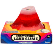 The Toysmith Crispy Crunch Lava Slime, a volcano-shaped red toy in colorful packaging, features crunchy slime for fine motor skills. The 5.64 oz (160g) set is for ages 5+, includes a small parts warning, and is made by Toysmith.