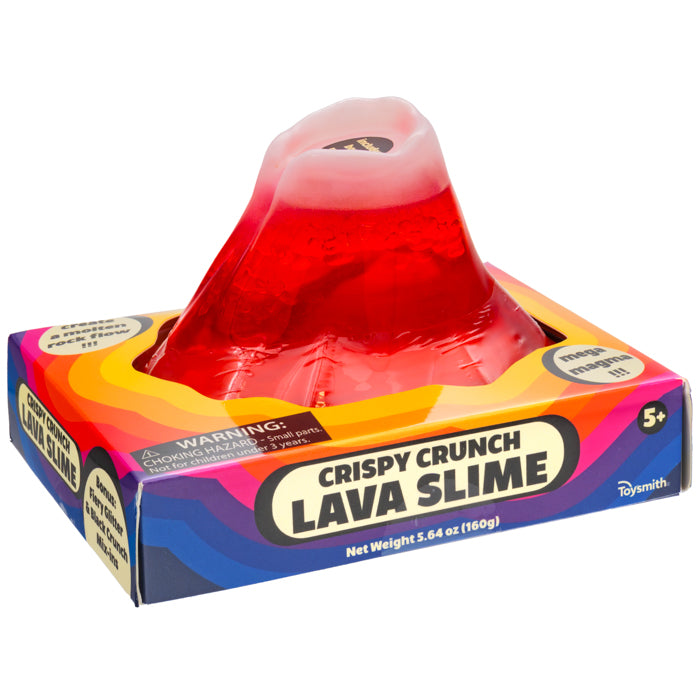 The Toysmith Crispy Crunch Lava Slime is a crunchy slime volcano in colorful packaging, designed for ages 5+, with a clear top and red interior to encourage fine motor skills through realistic, hands-on play.