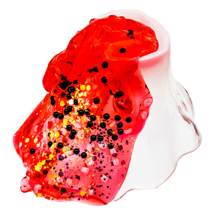 Toysmith Crispy Crunch Lava Slime by Toysmith features bright red slime with black and gold glitter in a clear, bell-shaped container—an eye-catching sensory toy that helps boost fine motor skills.