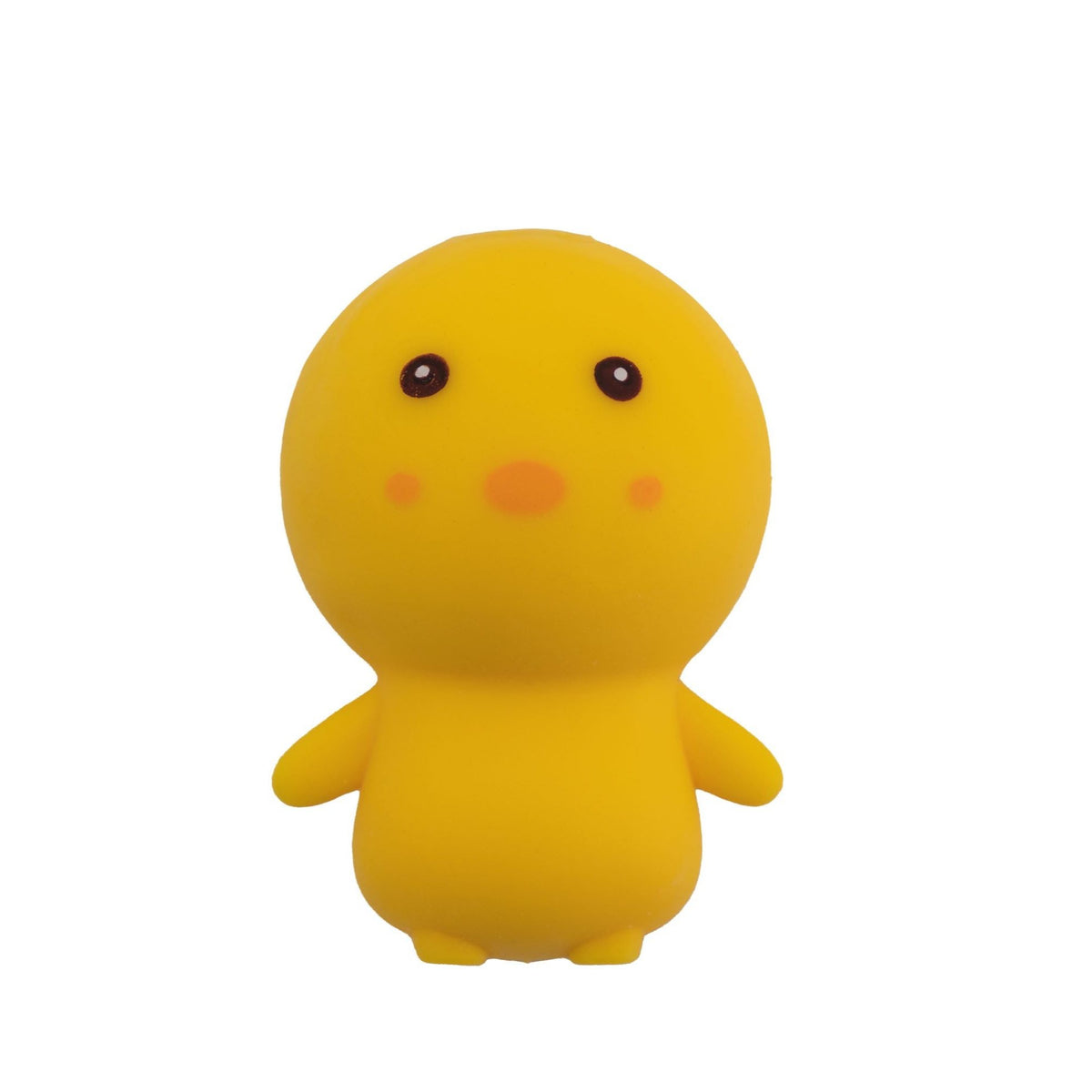 The Farm Fresh Chick-In Costume Squeezable Toy by Farm Fresh features a small, yellow, cartoon-like chick figurine with dot eyes, orange cheeks, and a round head—perfect for stress relief and sensory play. Stands upright against a white background.
