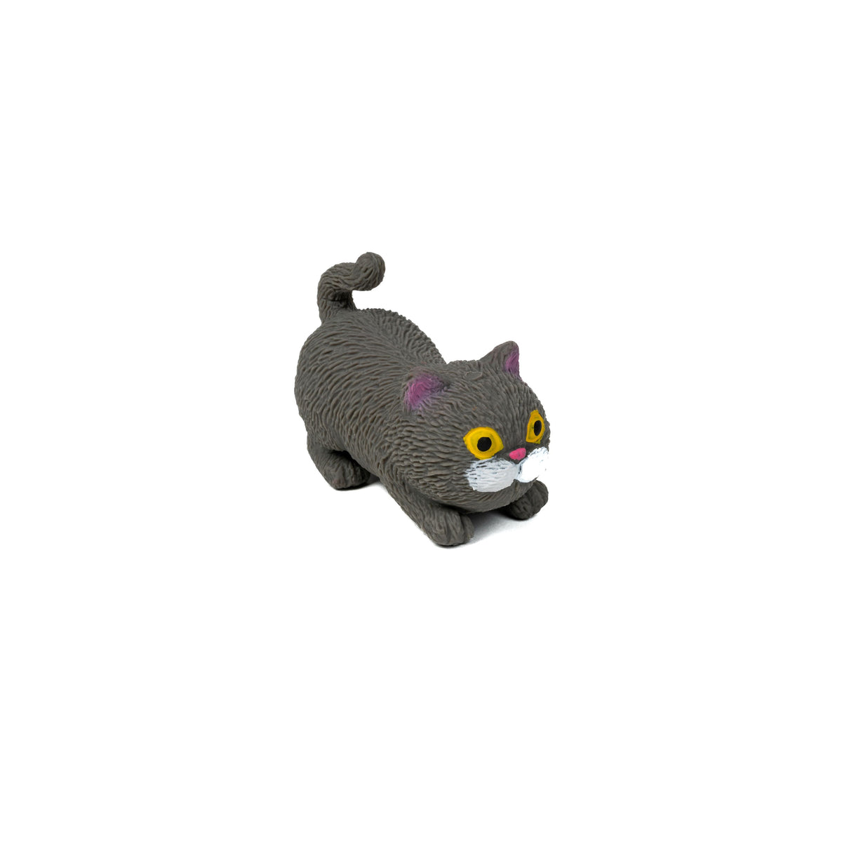 A small, gray, textured toy cat from Farm Fresh's Barnyard Cats collection features bright yellow eyes, a pink nose and ears, and a playful crouched pose—ideal for imaginative play.
