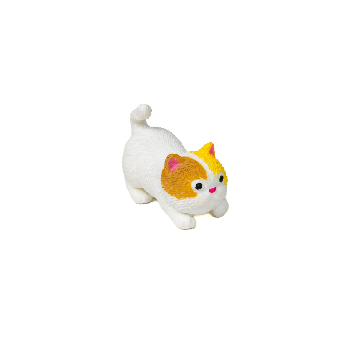 The Farm Fresh Barnyard Cats figurine features white fur with orange and yellow patches, a pink nose, and curled tail in a playful stretching pose—ideal for imaginative play. Set against a plain white background.