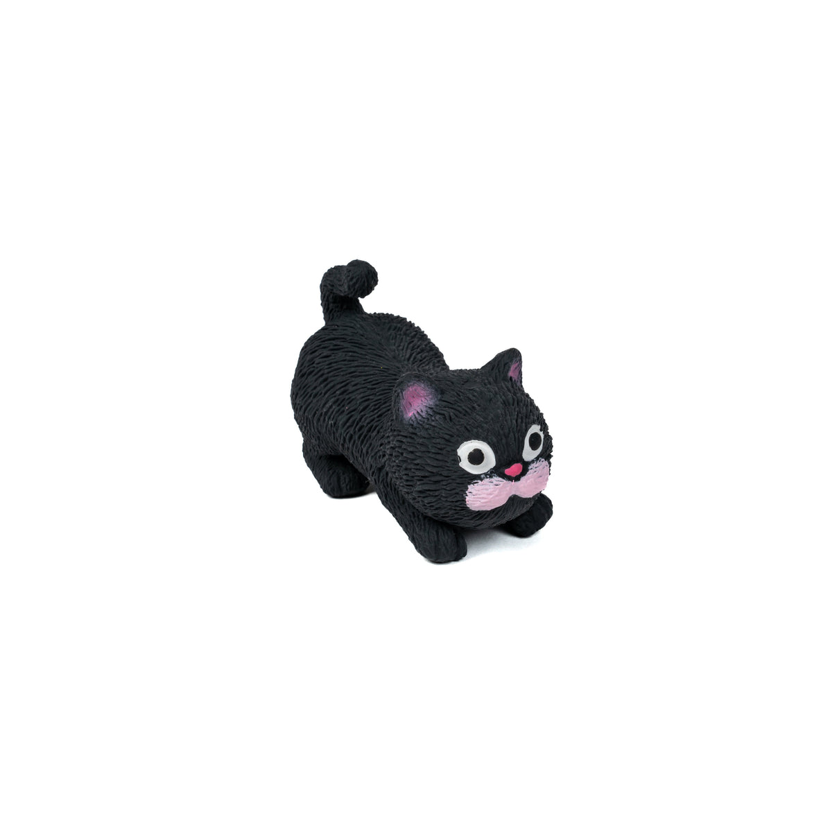 The Farm Fresh Barnyard Cats figurine features a small black cat with big white eyes, a pink nose, and mouth, standing on all fours with its tail curled up—ideal for imaginative play or adding to your feline collection.