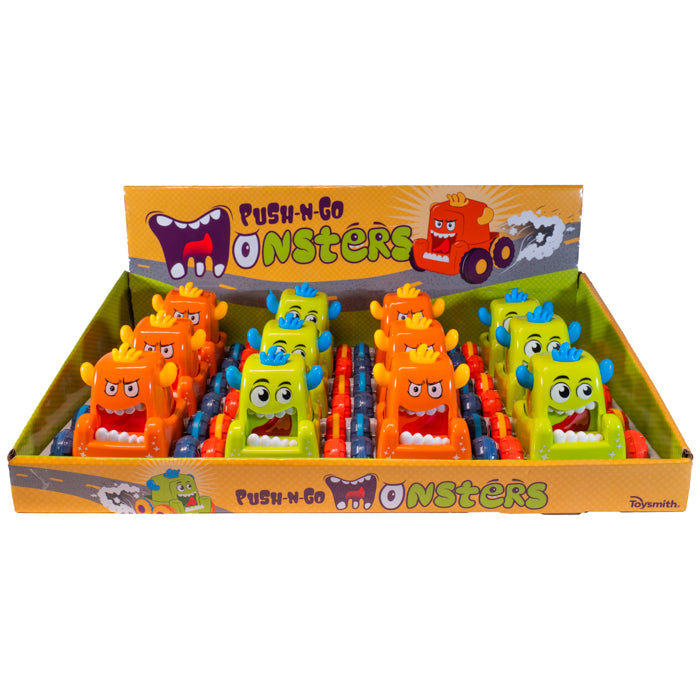 Toysmith Push 'N Go Monsters feature colorful toy cars with expressive faces for fast, easy play. Displayed in rows of orange, green, and yellow, the box showcases cartoon monster designs for fun appeal.