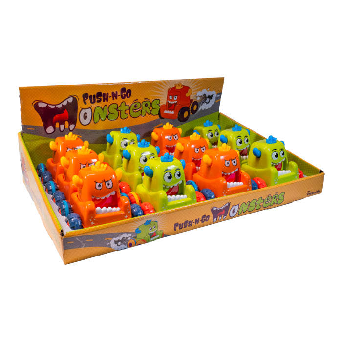 A display of Toysmith Push 'N Go Monsters features orange, green, and yellow toy cars with cartoon faces and big eyes, arranged in rows. These colorful cars offer easy play and speedy action for kids.