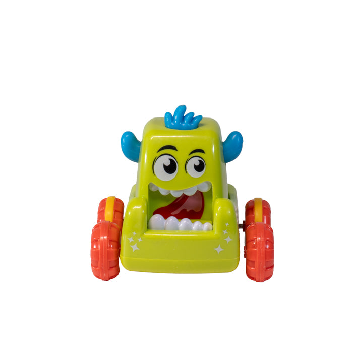 The Toysmith Push 'N Go Monsters toy car features a yellow-green body, orange wheels, blue accents, and a playful face with big eyes, blue horns, and white teeth—ideal for speedy action and effortless play.