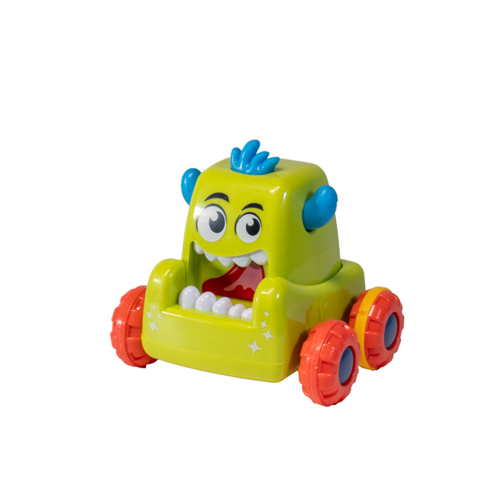 The Toysmith Push 'N Go Monsters toy car features a bright green body, blue horns, big cartoon eyes, white teeth, and red wheels for fast, easy play—shown on a white background.