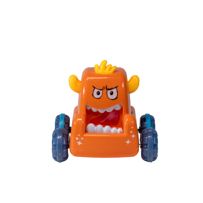 The Toysmith Push 'N Go Monsters is a small orange toy car with big blue wheels, cartoon eyes, yellow horns, and a toothy grin—designed for fast, easy play and featuring a fun monster style.