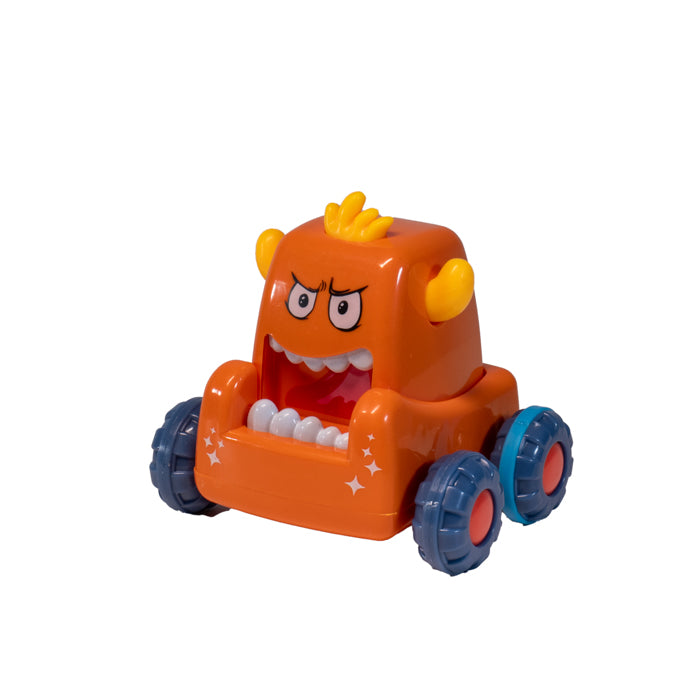 The Toysmith Push 'N Go Monsters features an orange toy car with blue wheels, cartoon angry eyes, yellow horns, and white teeth—designed for easy play and speedy fun, just like a playful monster.