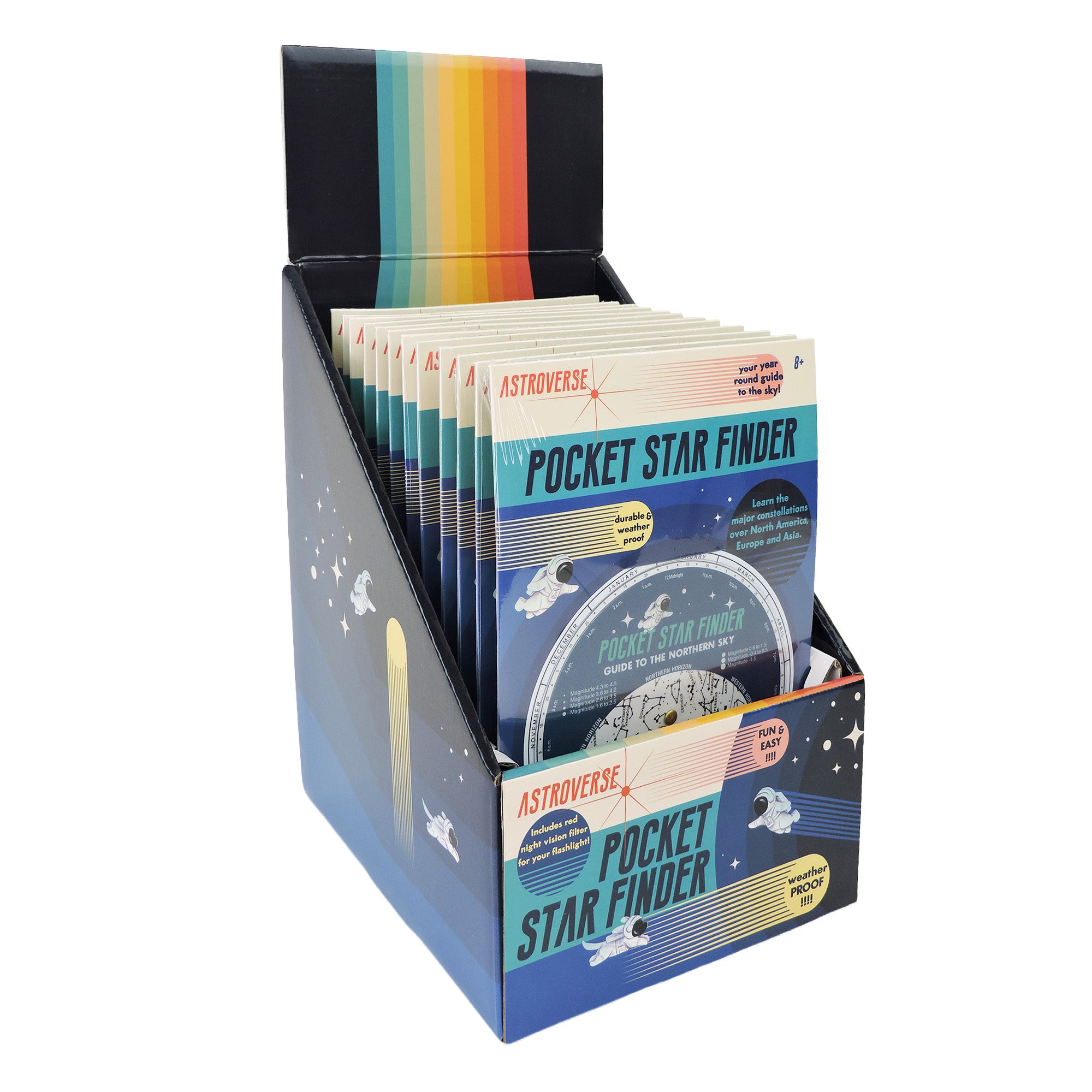 A display box holds several Toysmith Pocket Star Finder units from Astroverse, a fun STEM activity with illustrated covers showing stars, a spaceship, and a colorful rainbow design inside the display lid.