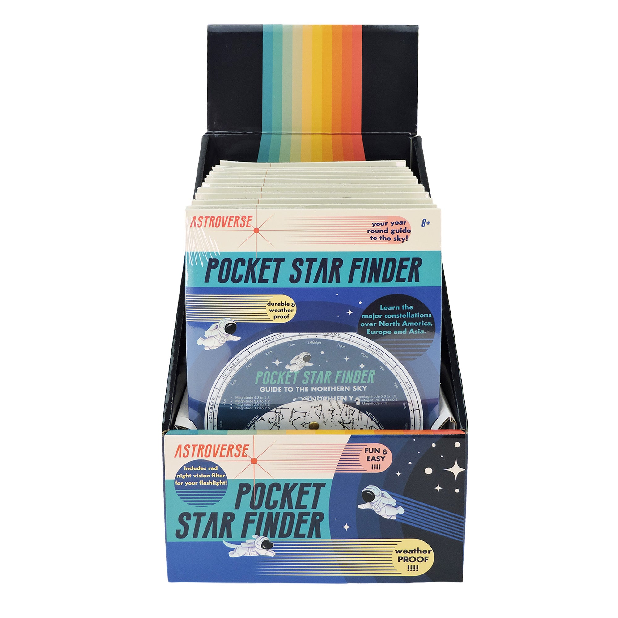 The Toysmith Pocket Star Finder by Astroverse comes in a space-themed display box with a rainbow-striped backdrop, featuring guides with circular star charts and playful planet and star illustrations—ideal for STEM activities.