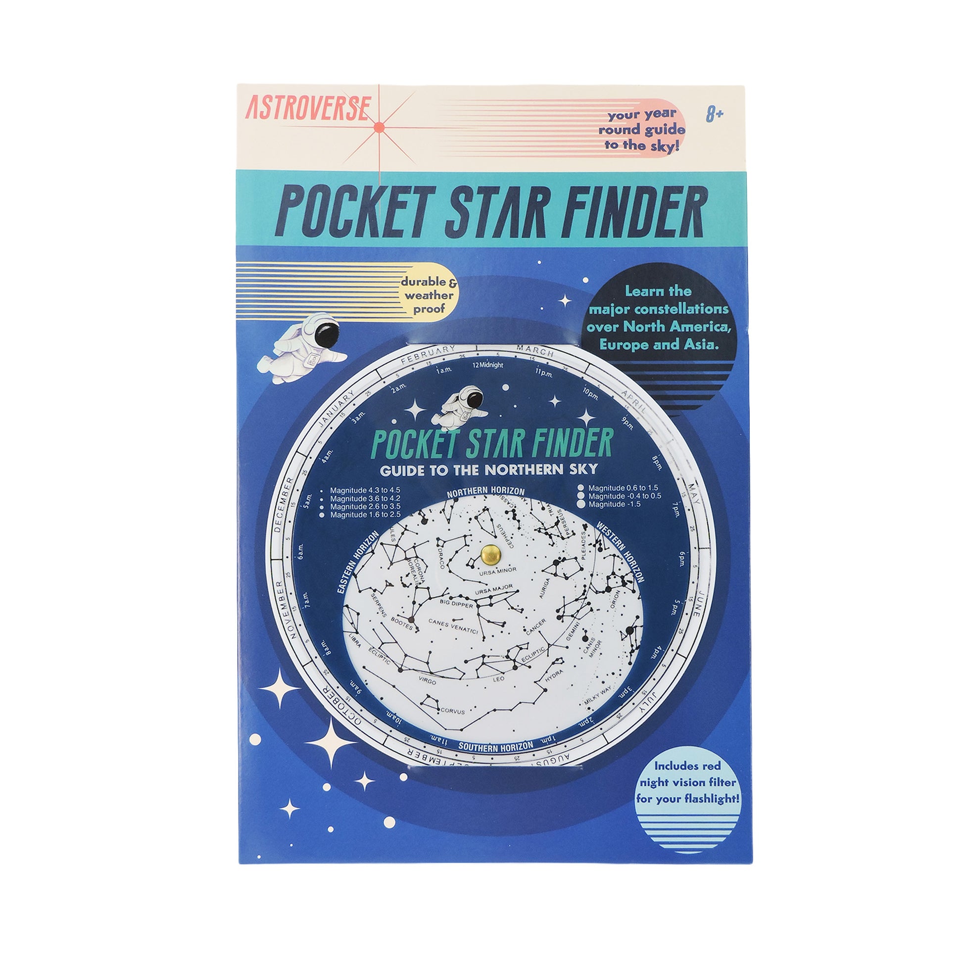 Front cover of the Astroverse Toysmith Pocket Star Finder, showcasing a star chart wheel, constellations, an astronaut, and tips on a blue starry background. This weatherproof guide includes a red light keychain—ideal for STEM activities.
