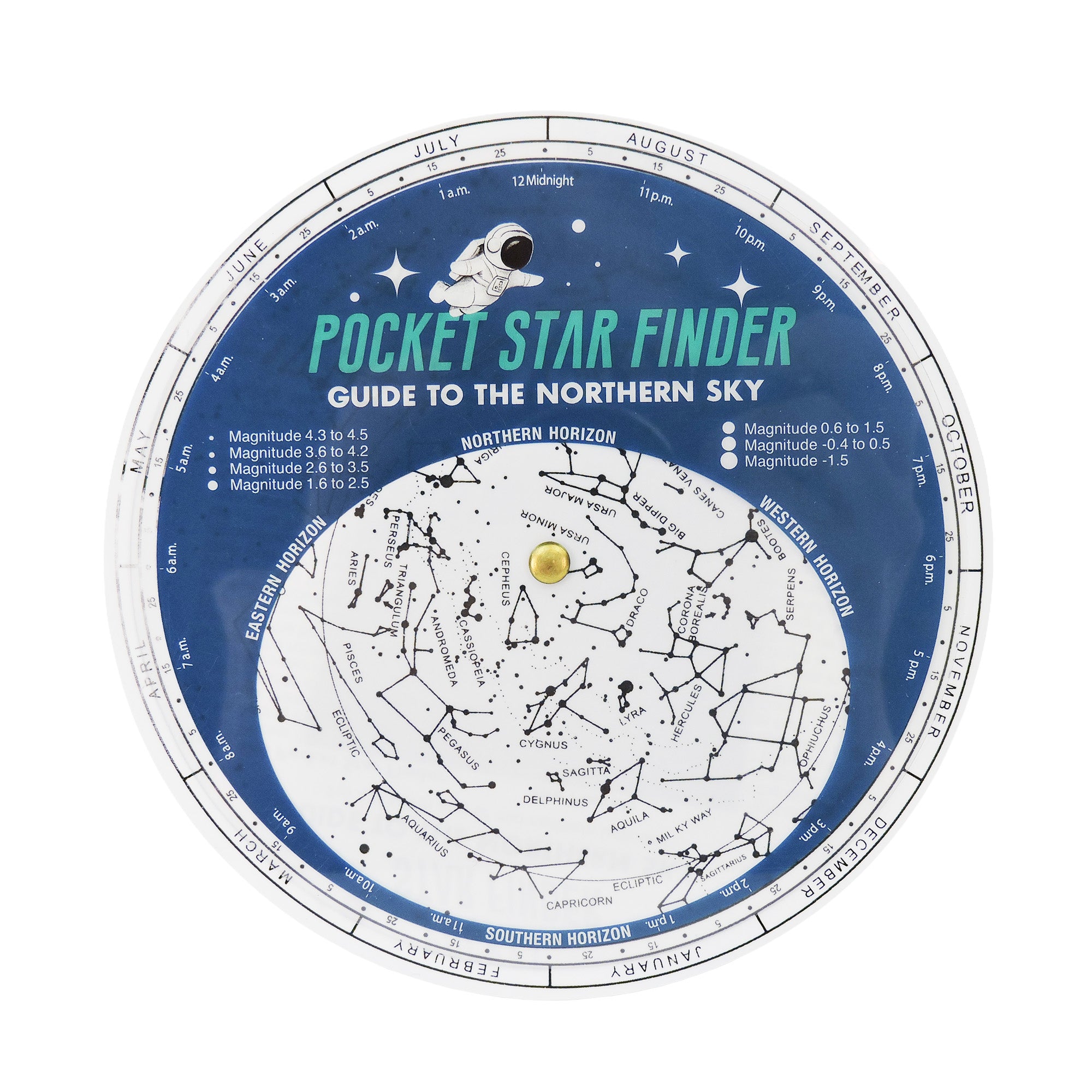 The Astroverse Toysmith Pocket Star Finder is a circular guide to the Northern Sky with constellations, star magnitudes, and months around the edge. Its rotating overlay helps match date and time—ideal for STEM activities.