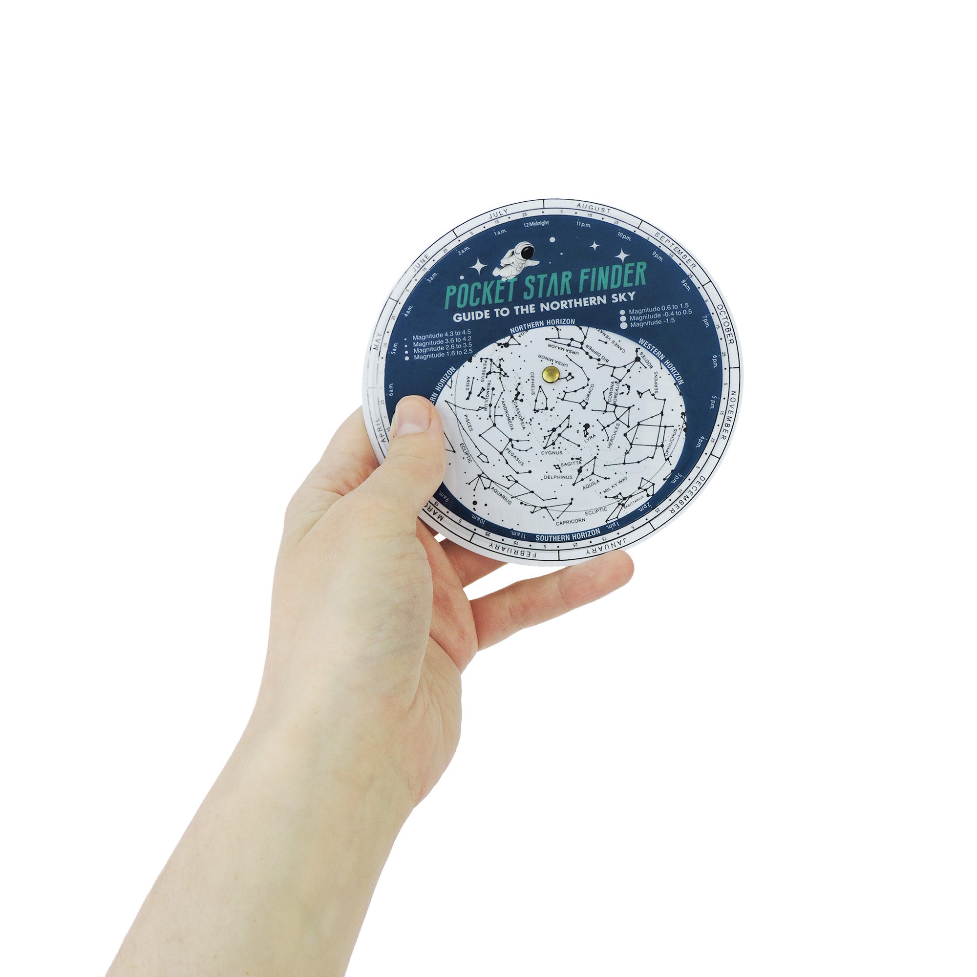 A hand holds the Astroverse Toysmith Pocket Star Finder against a white background. Ideal for stargazing, navigation, or as a fun STEM tool to learn about constellations and stars.