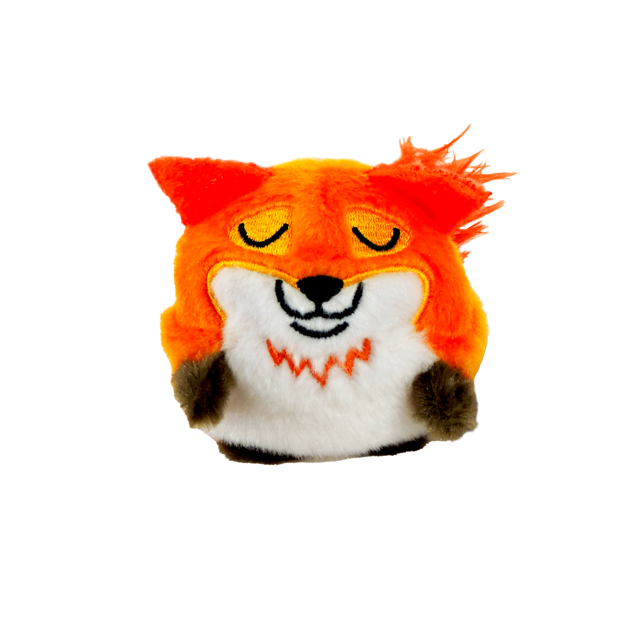The Sugar Skwisheez: Tree Huggers is a small, round plush fox with orange fur, closed eyes, a smiling mouth, and slightly messy fur on one ear that offers sensory comfort and stress relief against a plain white background.