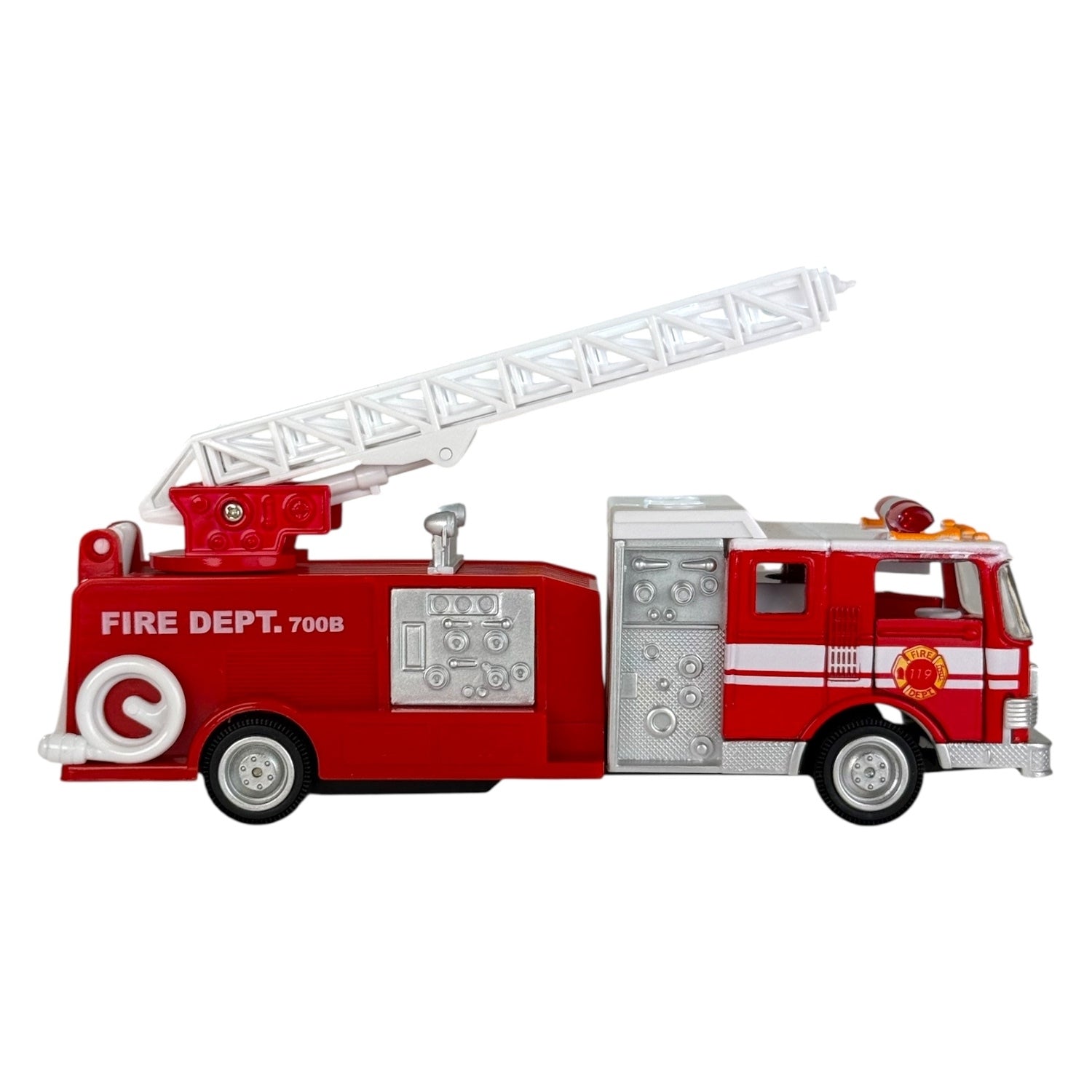 Red toy fire truck with a white ladder on a white background